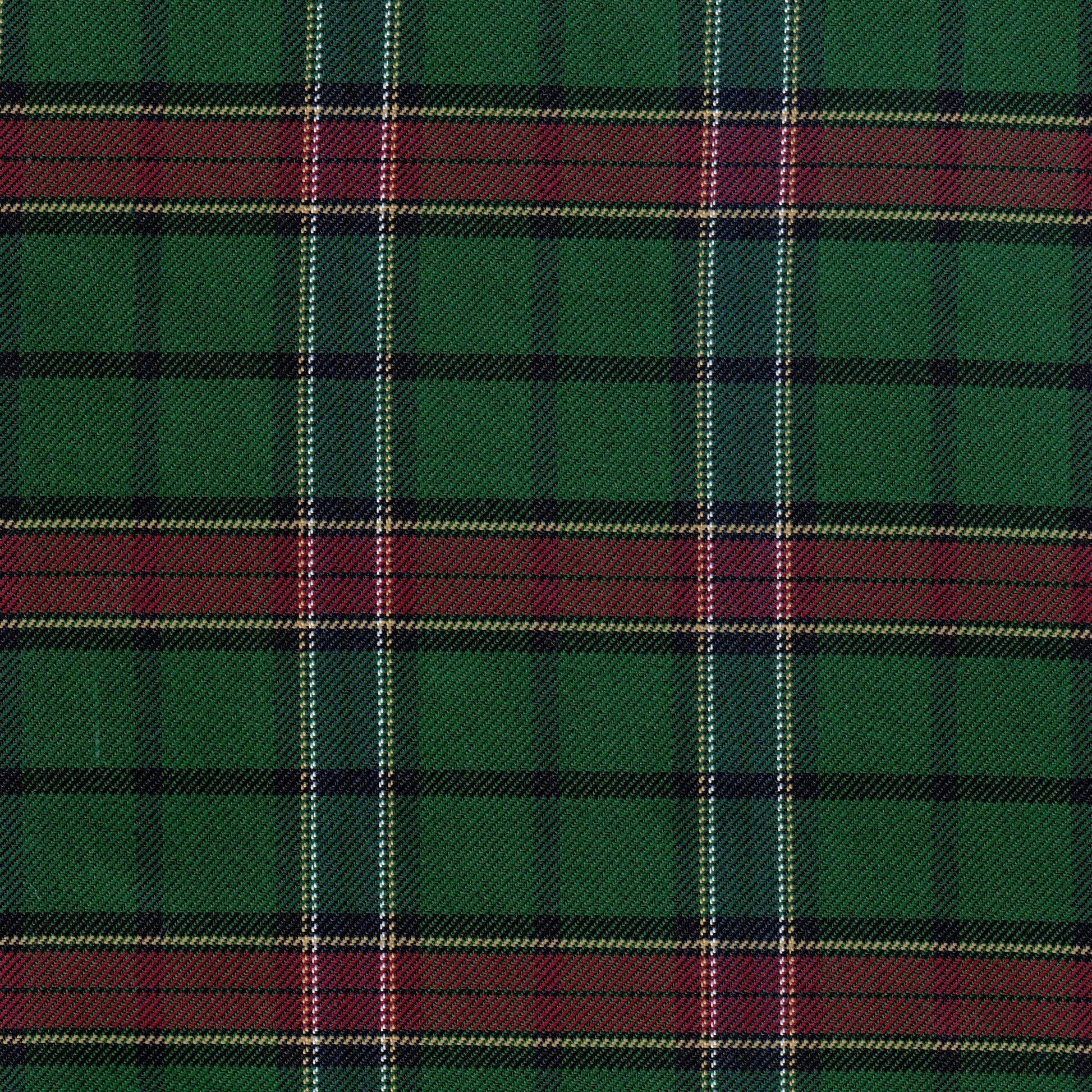 Tela diagonal de poliéster SchoolLine, verde con cuadras rojas y rayas oscuras, ideal para uniformes escolares e institucionales.