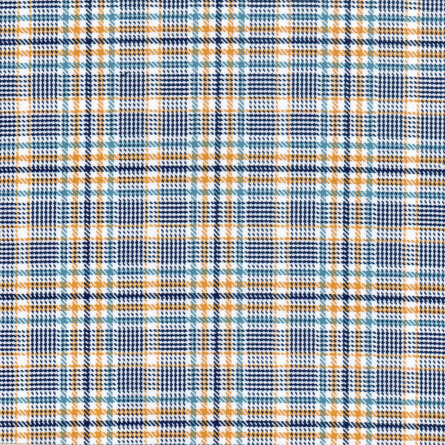 Tela diagonal de poliéster SchoolLine en cuadro azul navy, naranja y blanco, ideal para uniformes escolares