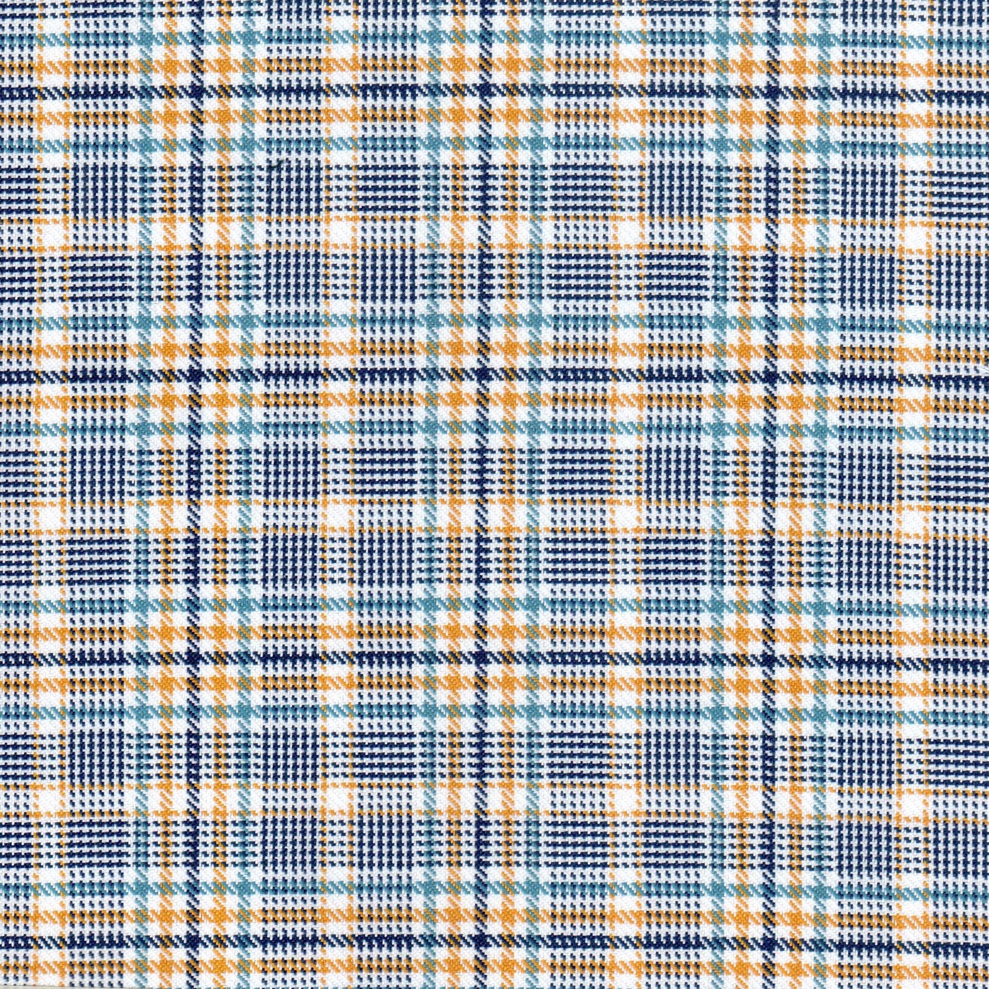 Tela diagonal de poliéster SchoolLine en cuadro azul navy, naranja y blanco, ideal para uniformes escolares