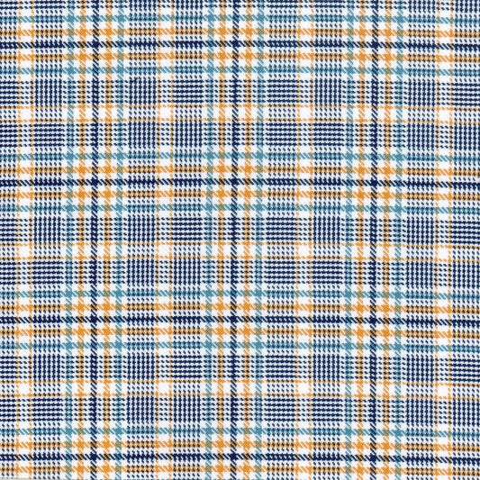 Tela diagonal de poliéster SchoolLine en cuadro azul navy, naranja y blanco, ideal para uniformes escolares