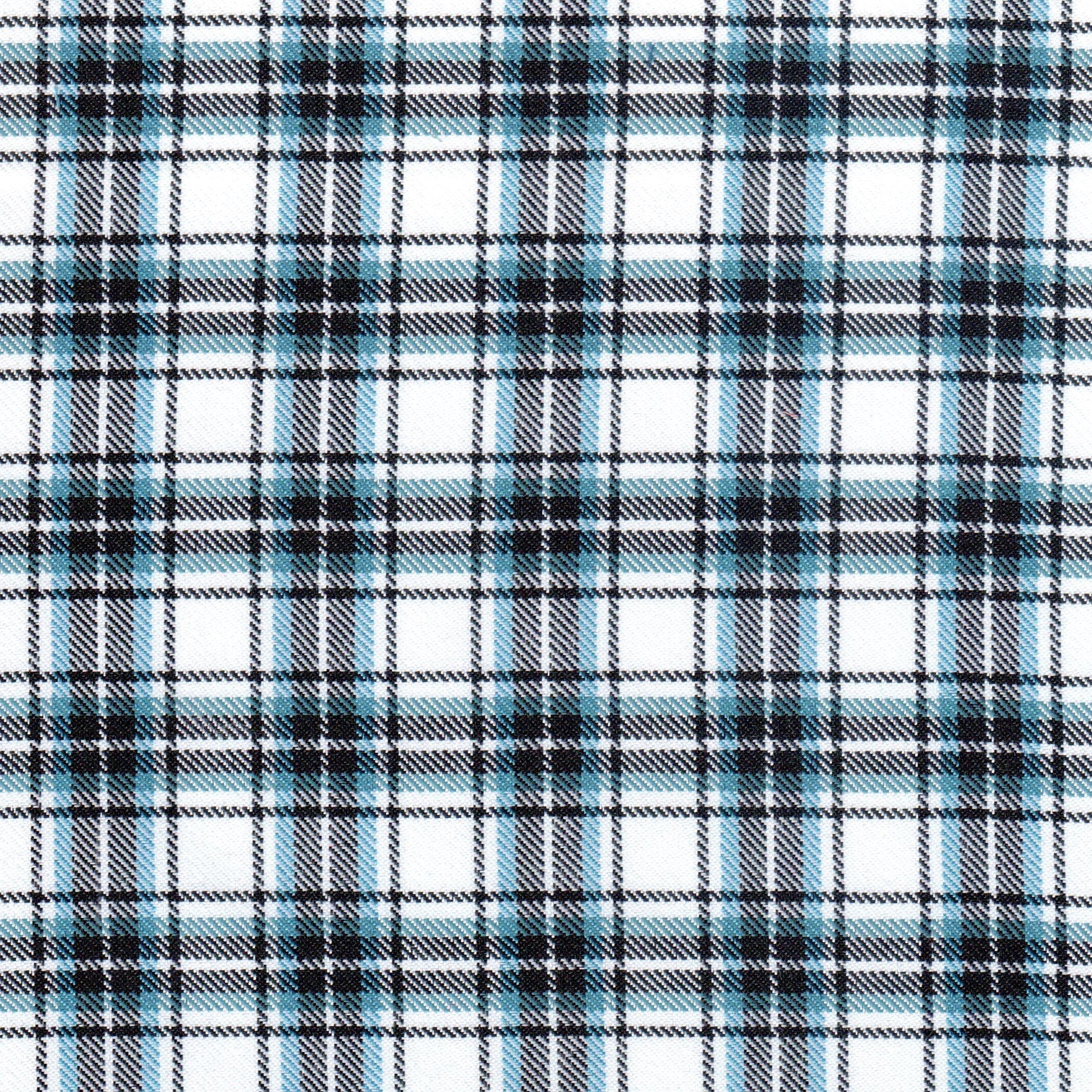 Tela diagonal de poliéster SchoolLine en cuadros teal, negro y blanco; tela para uniformes escolares e institucionales.