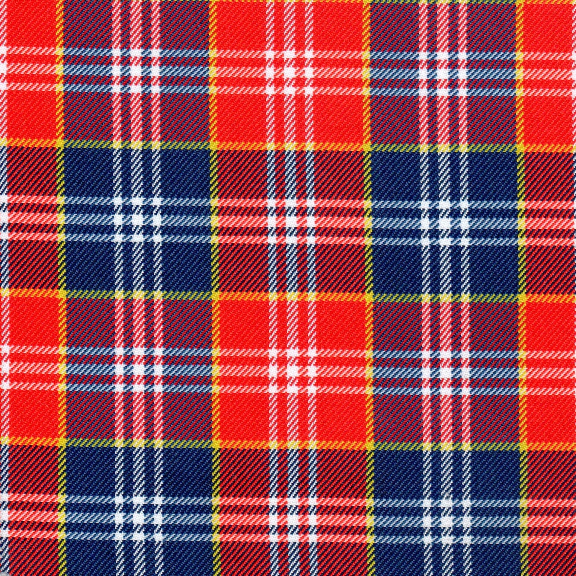 Tela diagonal de poliéster SchoolLine en tartán rojo, azul y amarillo, ideal para uniformes escolares e institucionales.