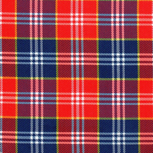 Tela diagonal de poliéster SchoolLine en tartán rojo, azul y amarillo, ideal para uniformes escolares e institucionales.