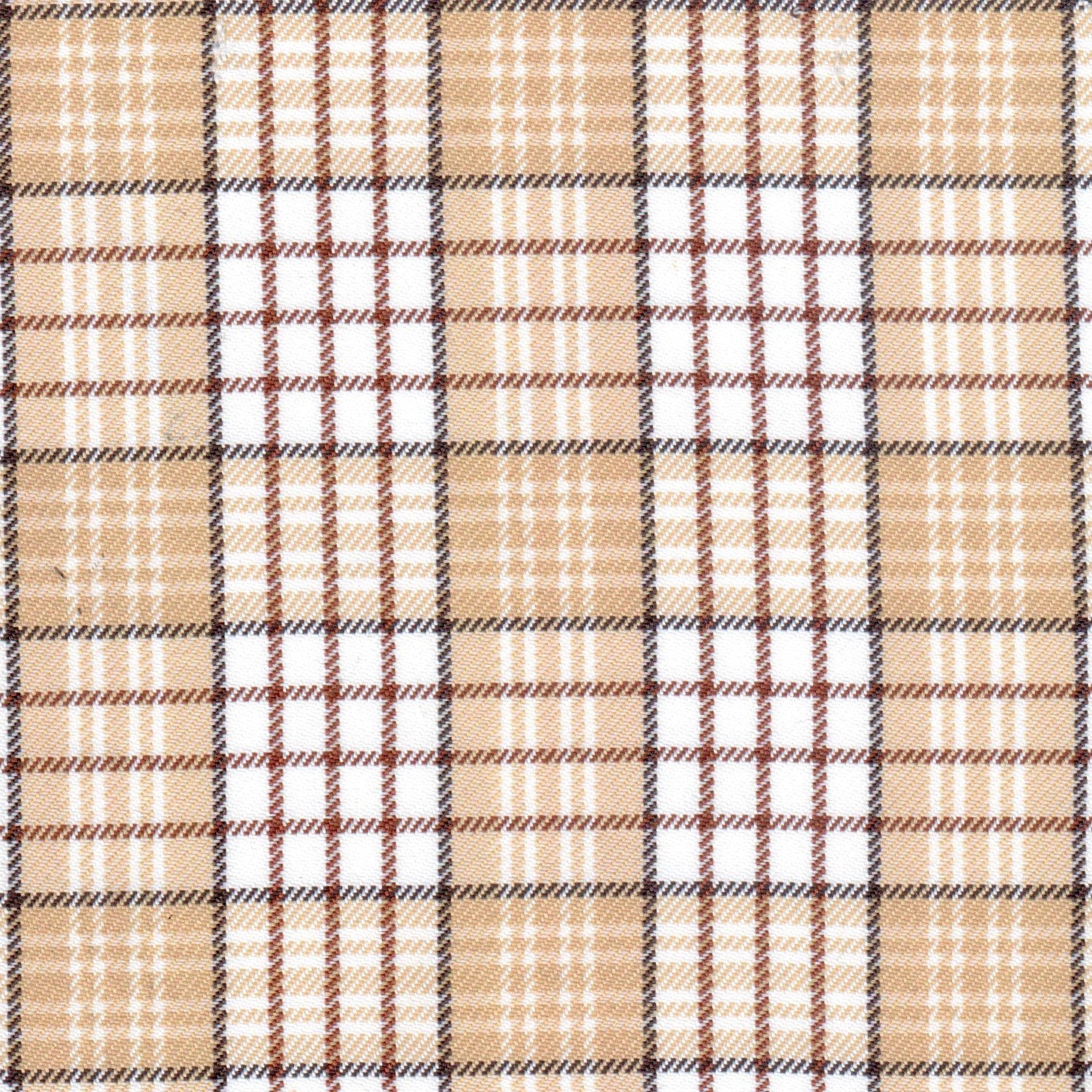 Tela de poliéster diagonal SchoolLine, tartán beige con líneas marrones; ideal para uniformes escolares e institucionales.