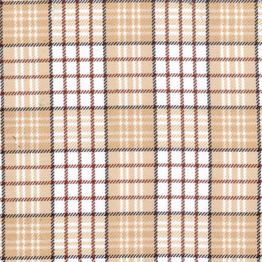 Tela de poliéster diagonal SchoolLine, tartán beige con líneas marrones; ideal para uniformes escolares e institucionales.