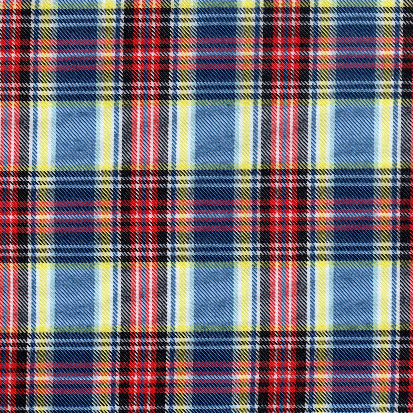 Tela diagonal de poliéster SchoolLine, tartán azul, rojo y amarillo; ideal para uniformes escolares e institucionales.