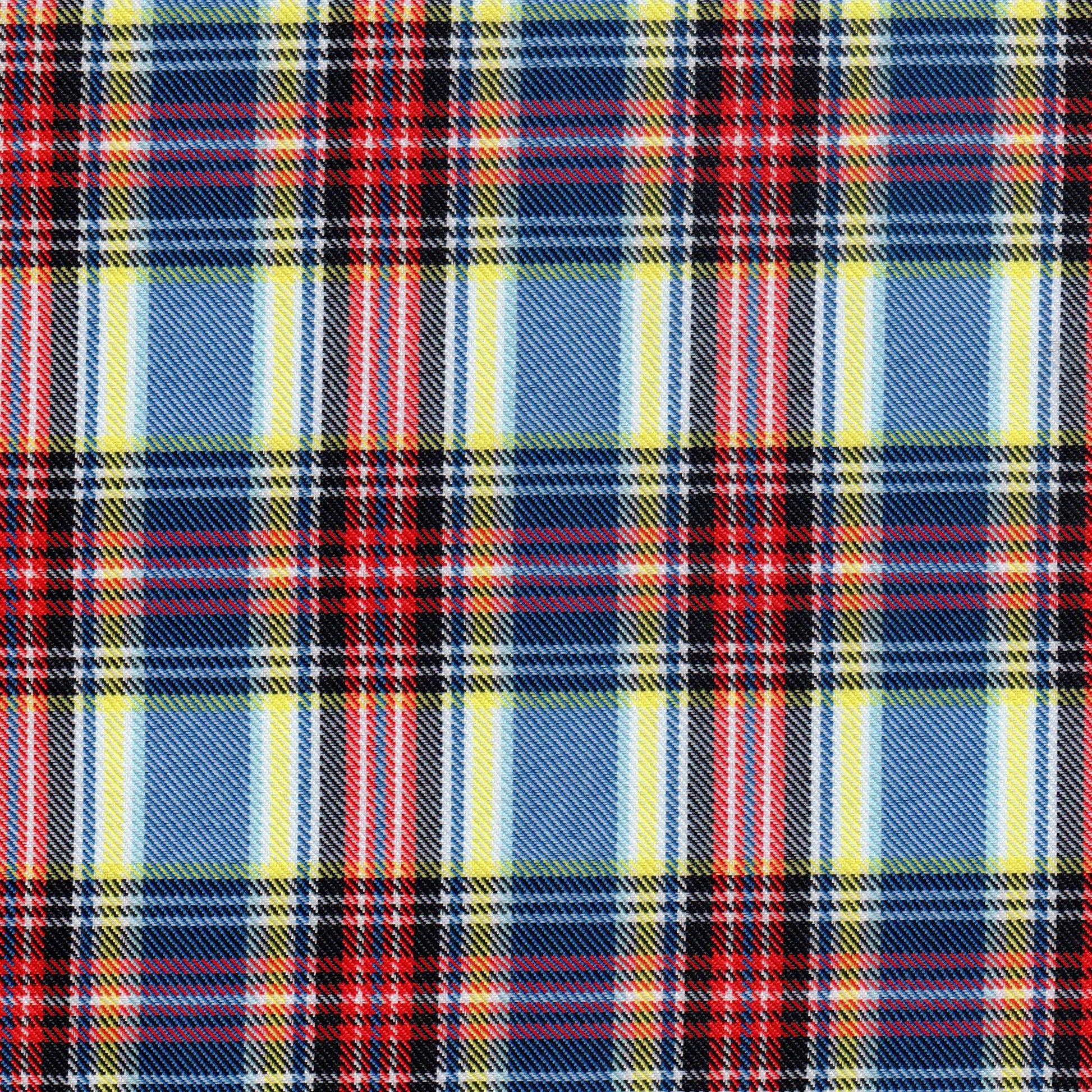 Tela diagonal de poliéster SchoolLine, tartán azul, rojo y amarillo; ideal para uniformes escolares e institucionales.