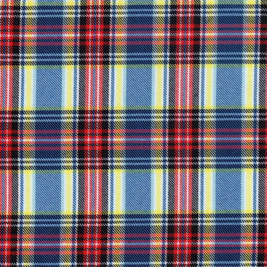 Tela diagonal de poliéster SchoolLine, tartán azul, rojo y amarillo; ideal para uniformes escolares e institucionales.