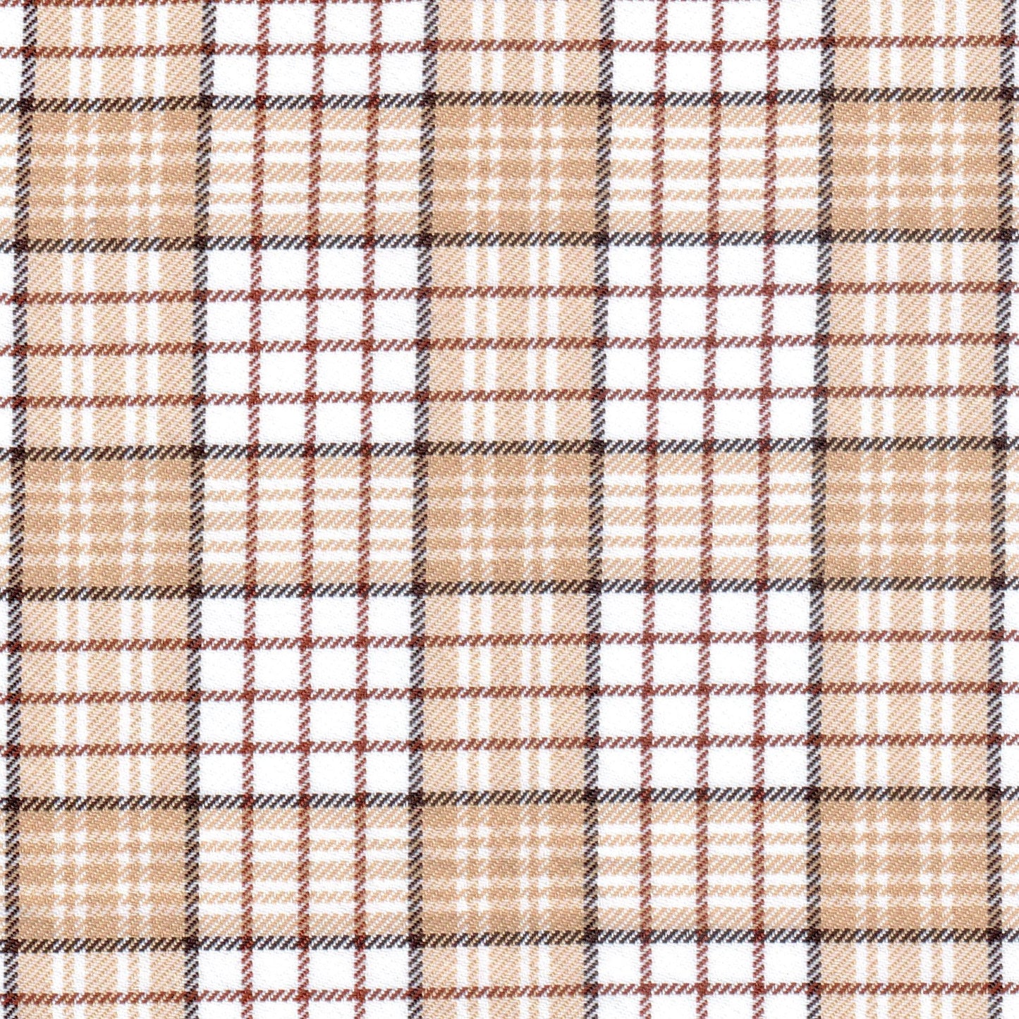 Tela diagonal de poliéster SchoolLine en beige, blanco y marrón, patrón tartán para uniformes escolares e institucionales.