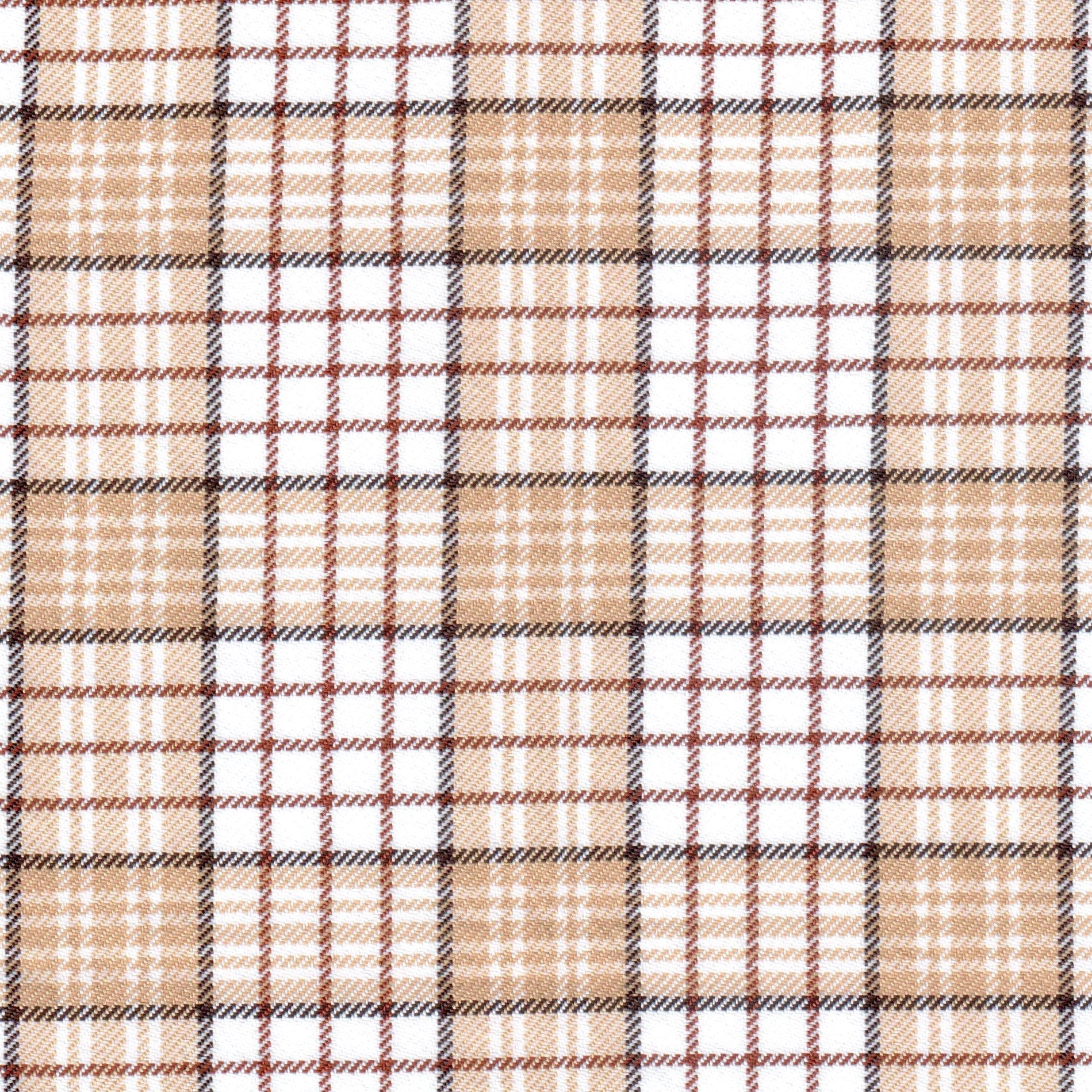 Tela diagonal de poliéster SchoolLine en beige, blanco y marrón, patrón tartán para uniformes escolares e institucionales.