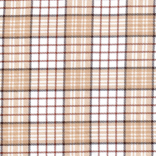 Tela diagonal de poliéster SchoolLine en beige, blanco y marrón, patrón tartán para uniformes escolares e institucionales.