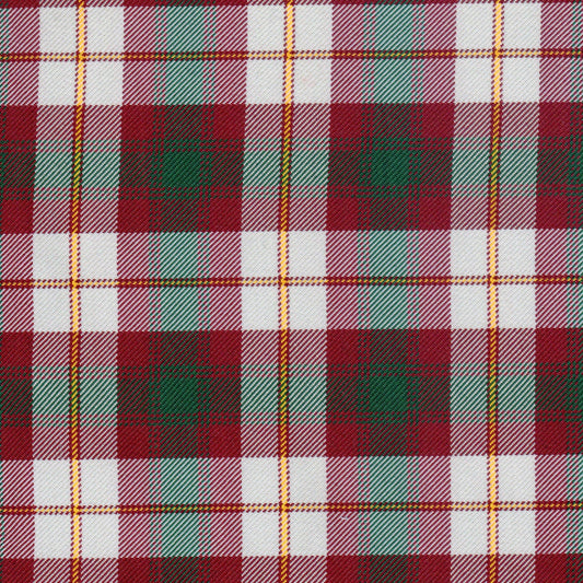 Tela diagonal de poliéster SchoolLine en estampado tartán rojo, verde y blanco con líneas amarillas; ideal para uniformes escolares.