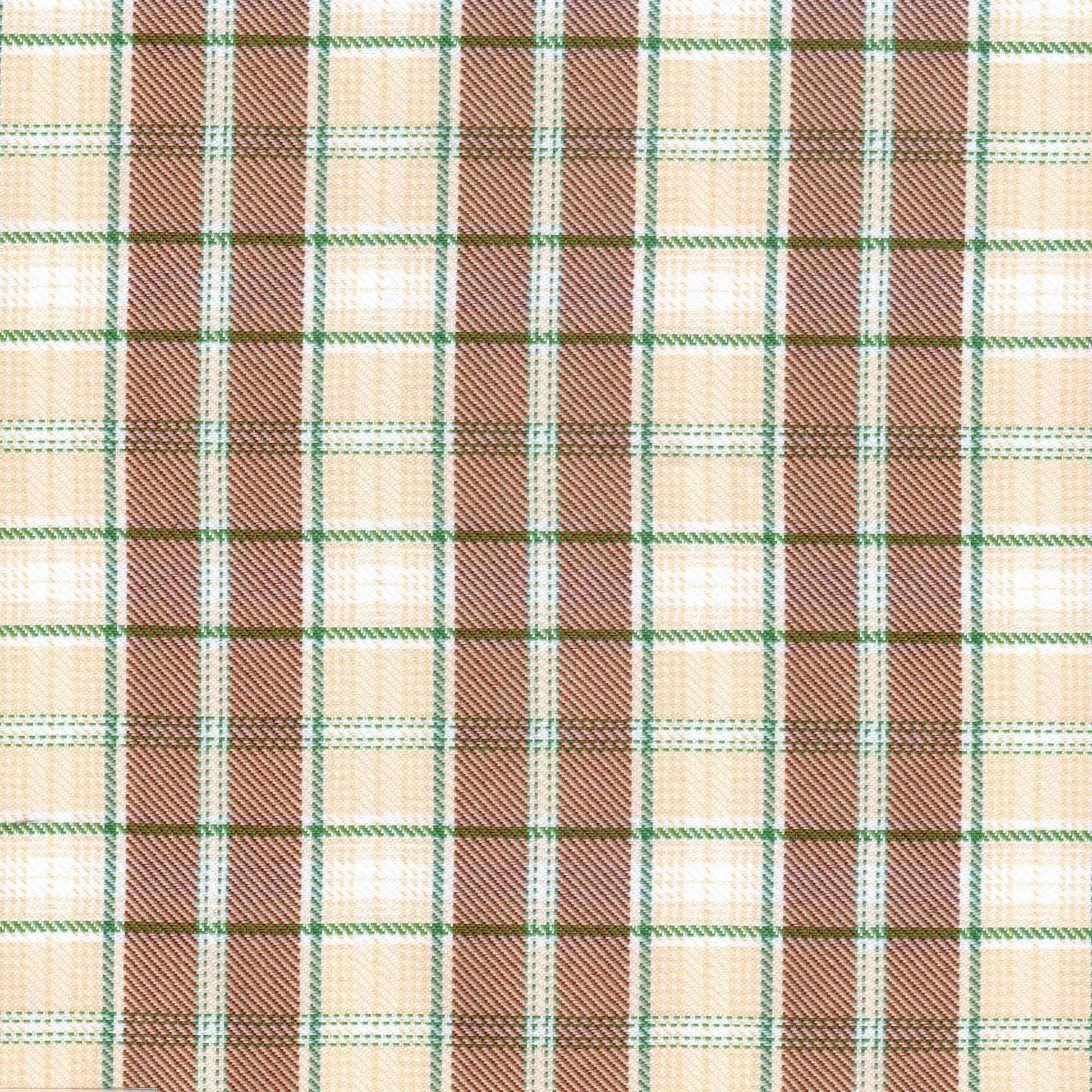 Tela diagonal de poliéster SchoolLine crema/marrón con cuadro verde; perfecta para uniformes escolares e institucionales.