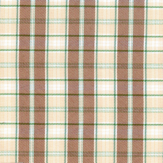 Tela diagonal de poliéster SchoolLine crema/marrón con cuadro verde; perfecta para uniformes escolares e institucionales.
