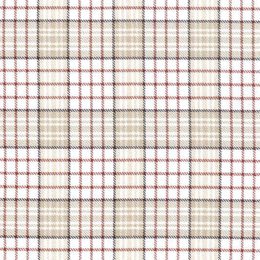Tela poliéster diagonal SchoolLine en tartán beige/crema con líneas rojas y azules, ideal para uniformes escolares e institucionales.