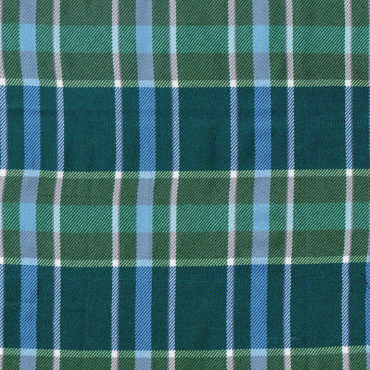 Tela poliéster diagonal SchoolLine verde, azul y blanco en patrón a cuadros, ideal para uniformes escolares.