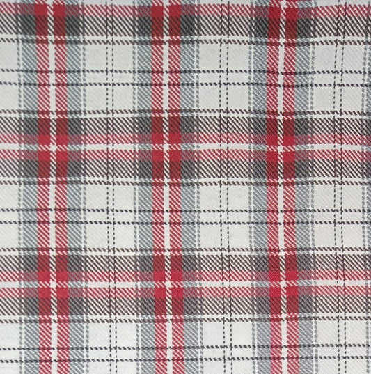 Tela de poliéster diagonal roja intensa con toques grises, patrón tartán; ideal para uniformes escolares e institucionales SchoolLine