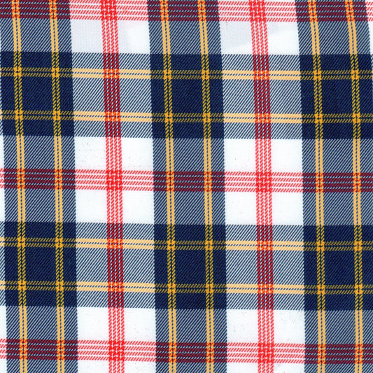 Tela poliéster jacquard diagonal a cuadros azul marino, blanco, rojo y amarillo; ideal para uniformes escolares SchoolLine