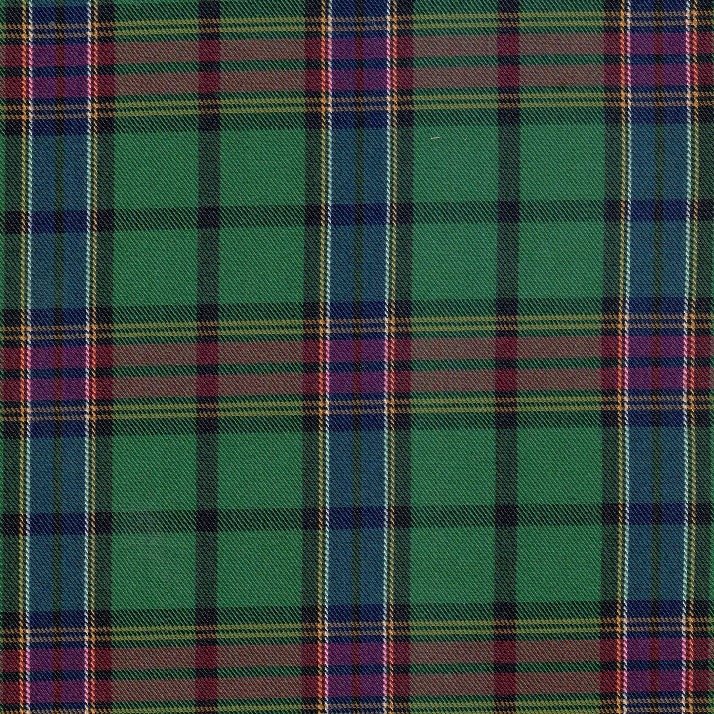 Tela de poliéster jacquard para uniformes escolares e institucionales; tartán verde con cuadros rojos, azules y amarillos (SchoolLine).