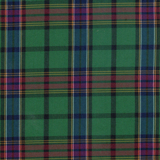 Tela de poliéster jacquard para uniformes escolares e institucionales; tartán verde con cuadros rojos, azules y amarillos (SchoolLine).