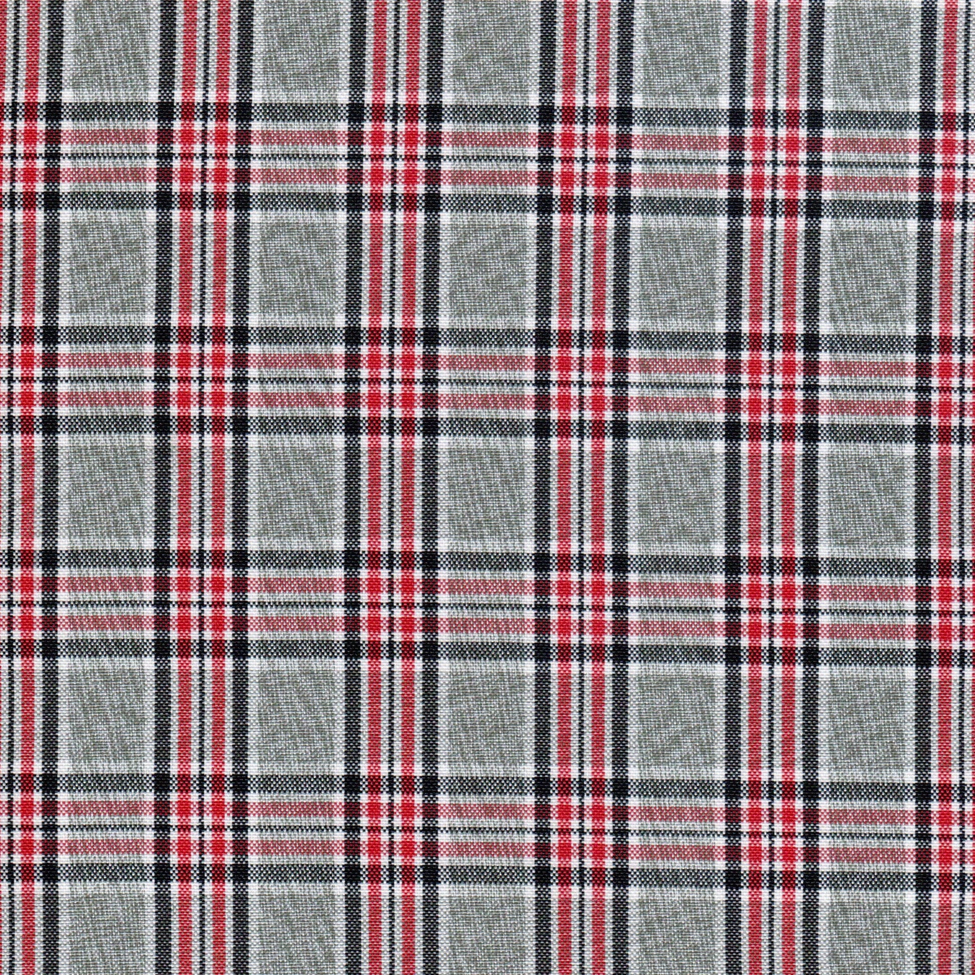 Tela poliéster moline a cuadros gris con rayas rojas y negras, ideal para uniformes escolares e institucionales, SchoolLine.