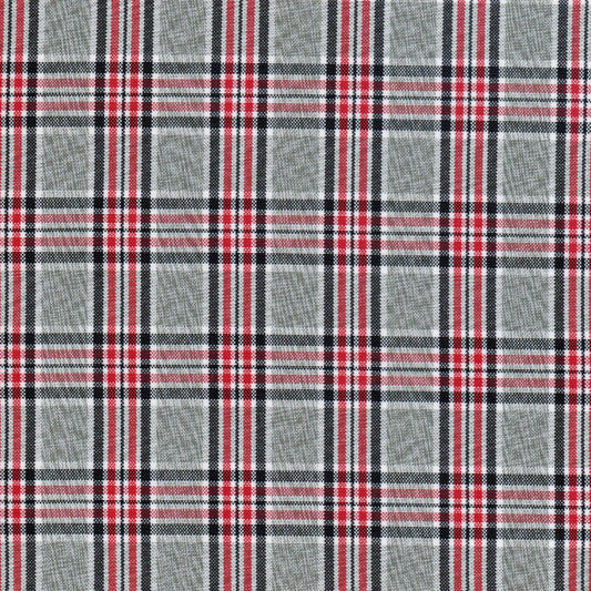 Tela poliéster moline a cuadros gris con rayas rojas y negras, ideal para uniformes escolares e institucionales, SchoolLine.