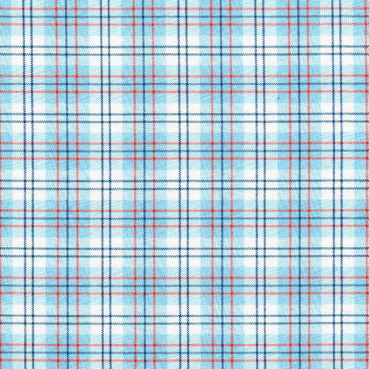 Tela moline de poliéster azul con cuadros blancos y líneas rojas, ideal para uniformes escolares e institucionales SchoolLine