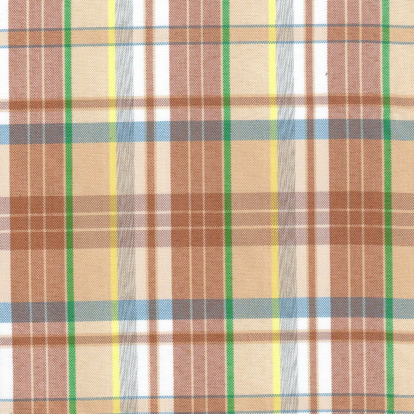 Tela moline de poliéster SchoolLine a cuadros plaid en tonos marrón, beige, verde, amarillo y azul.