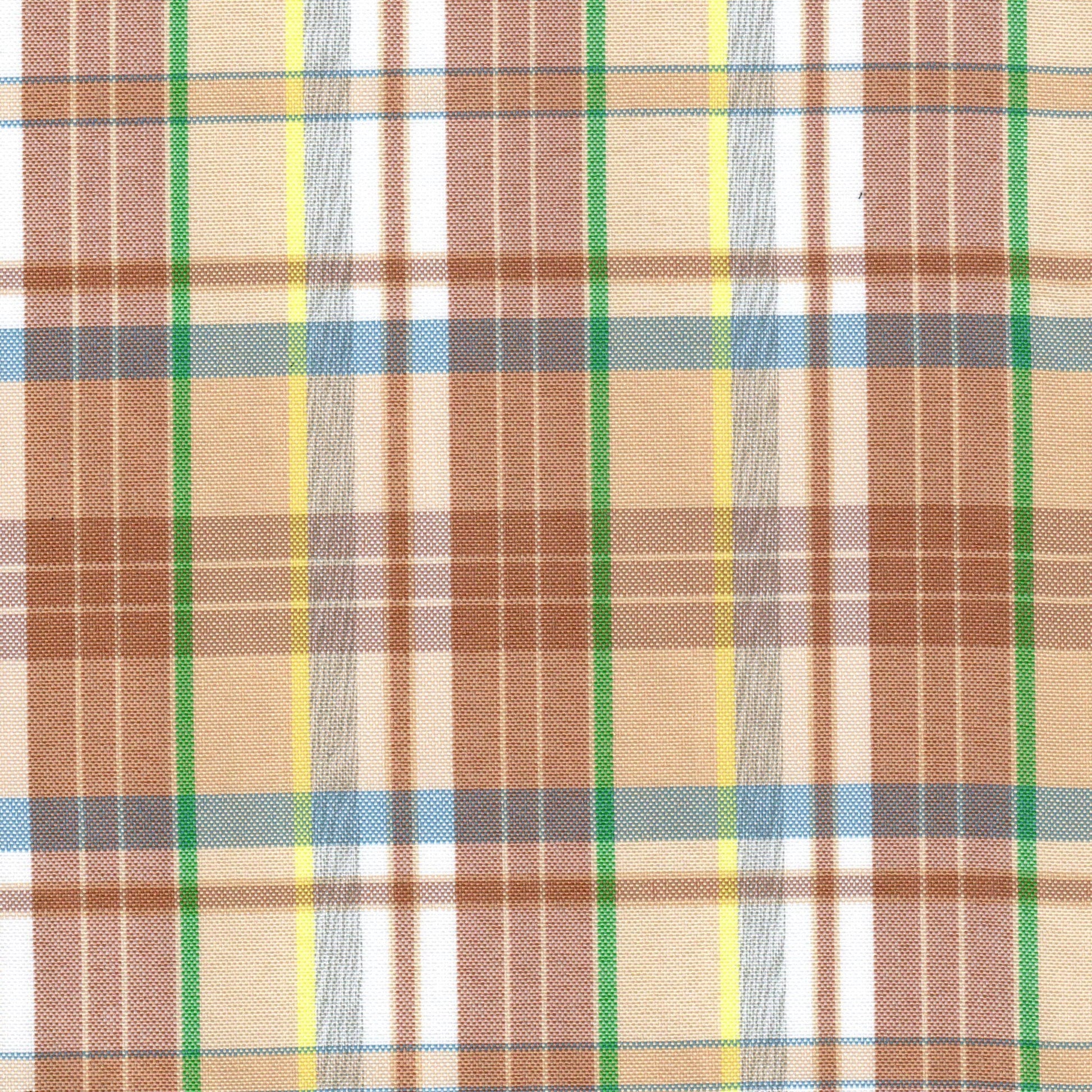 Tela moline de poliéster SchoolLine a cuadros plaid en tonos marrón, beige, verde, amarillo y azul.