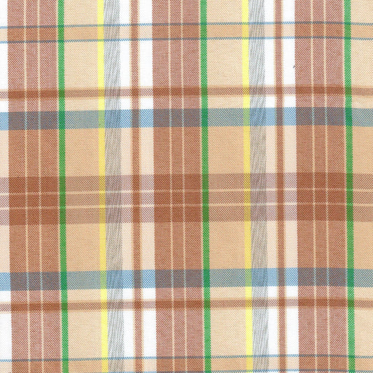 Tela moline de poliéster SchoolLine a cuadros plaid en tonos marrón, beige, verde, amarillo y azul.