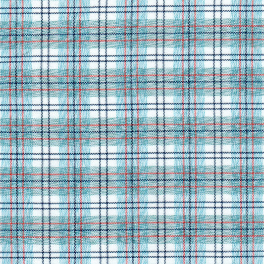 Tela moline poliéster SchoolLine; azul turquesa y azul marino con líneas rojas en plaid, ideal para uniformes escolares.
