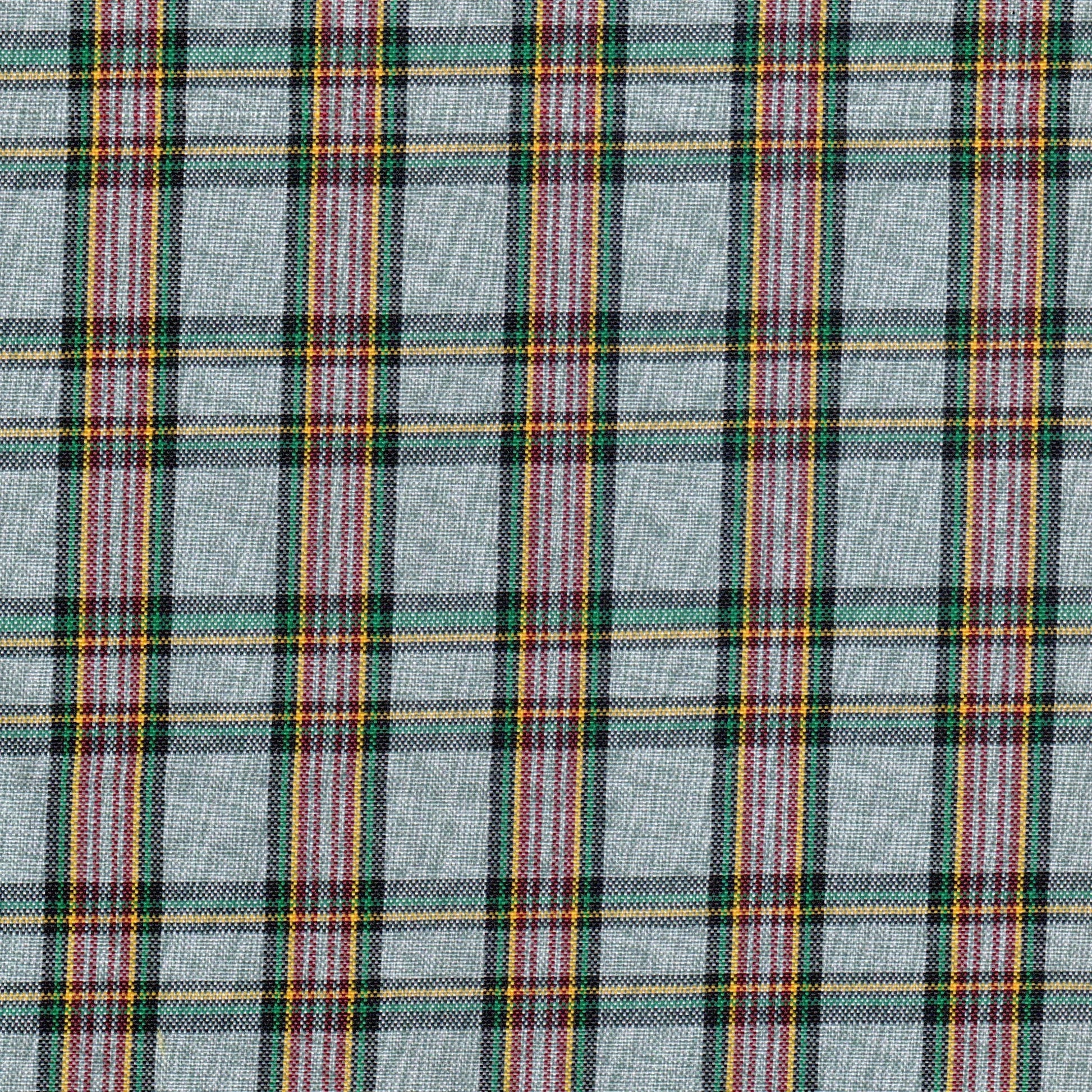 Tela de poliéster moline SchoolLine en tartán gris con líneas verde, rojo y amarillo, ideal para uniformes escolares.