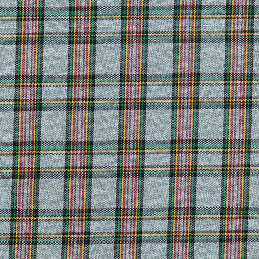 Tela de poliéster moline SchoolLine en tartán gris con líneas verde, rojo y amarillo, ideal para uniformes escolares.