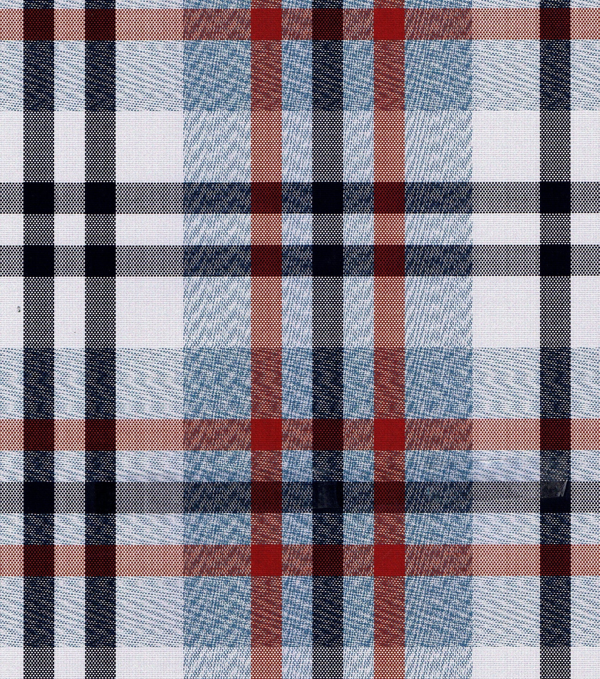 Tela de poliéster SchoolLine para uniformes escolares e institucionales, diseño a cuadros azul, rojo y blanco.