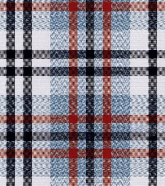 Tela de poliéster SchoolLine para uniformes escolares e institucionales, diseño a cuadros azul, rojo y blanco.