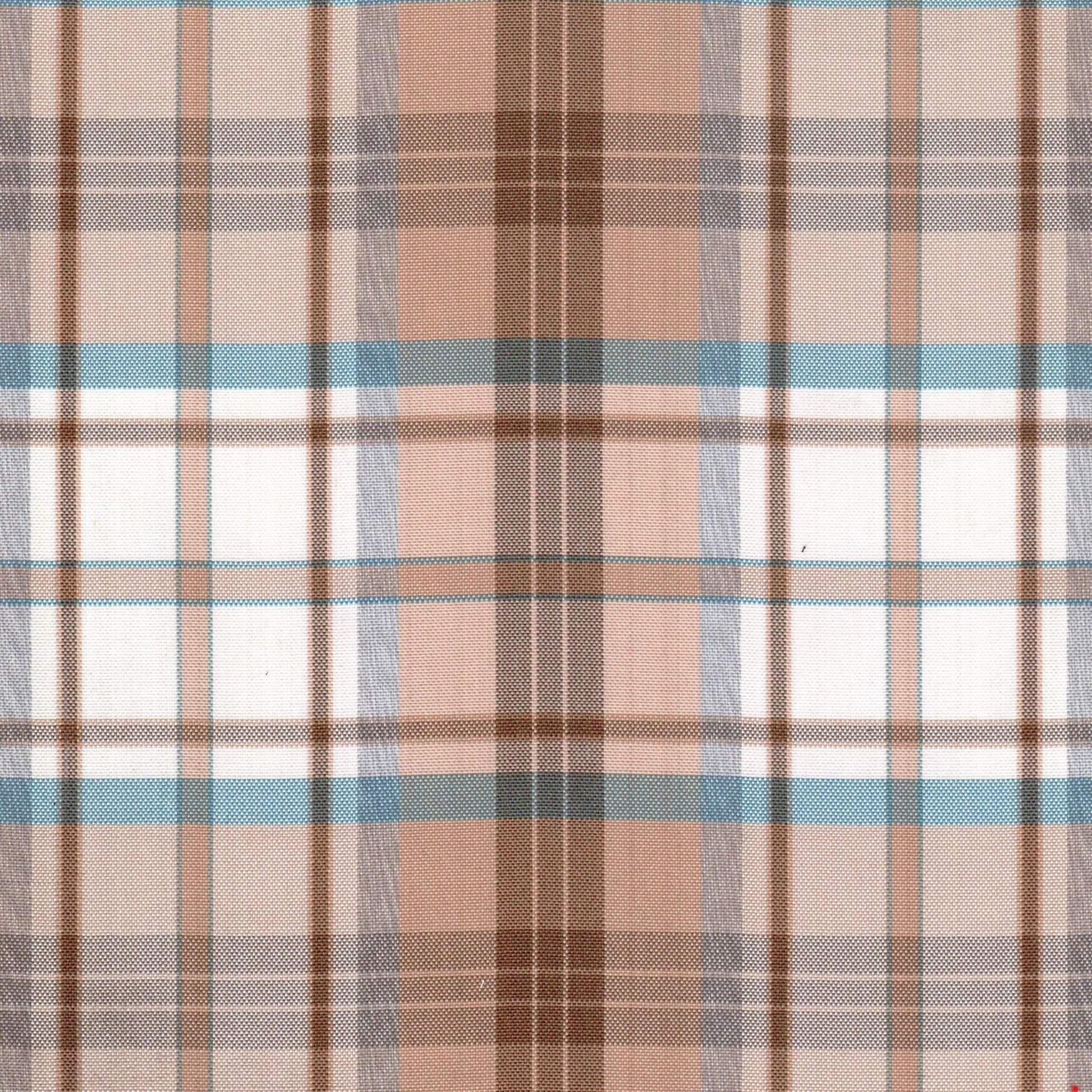 Tela de poliéster moline a cuadros beige, marrón y azul; ideal para uniformes escolares e institucionales SchoolLine