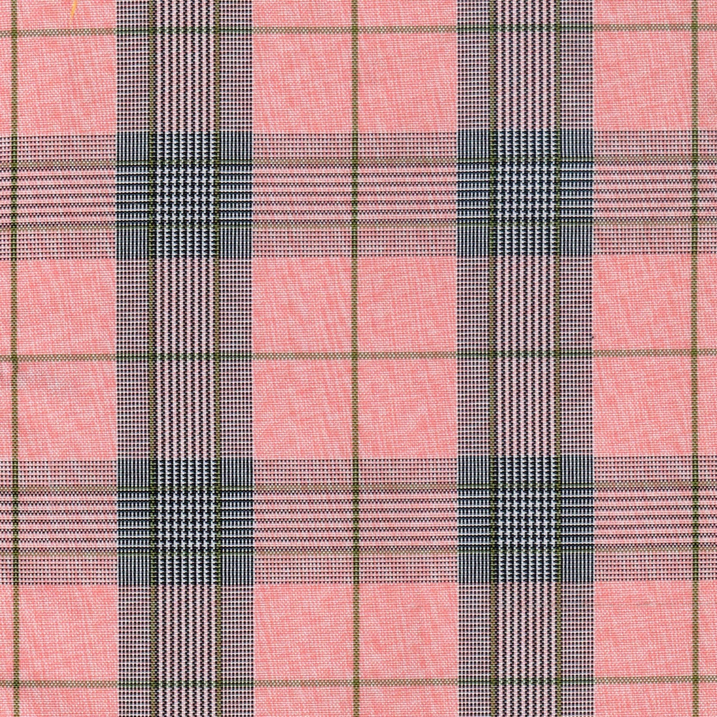 Tela de poliéster 13008023 de SchoolLine, plaid rosa con rayas negras/blancas y líneas verdes; ideal para uniformes escolares.