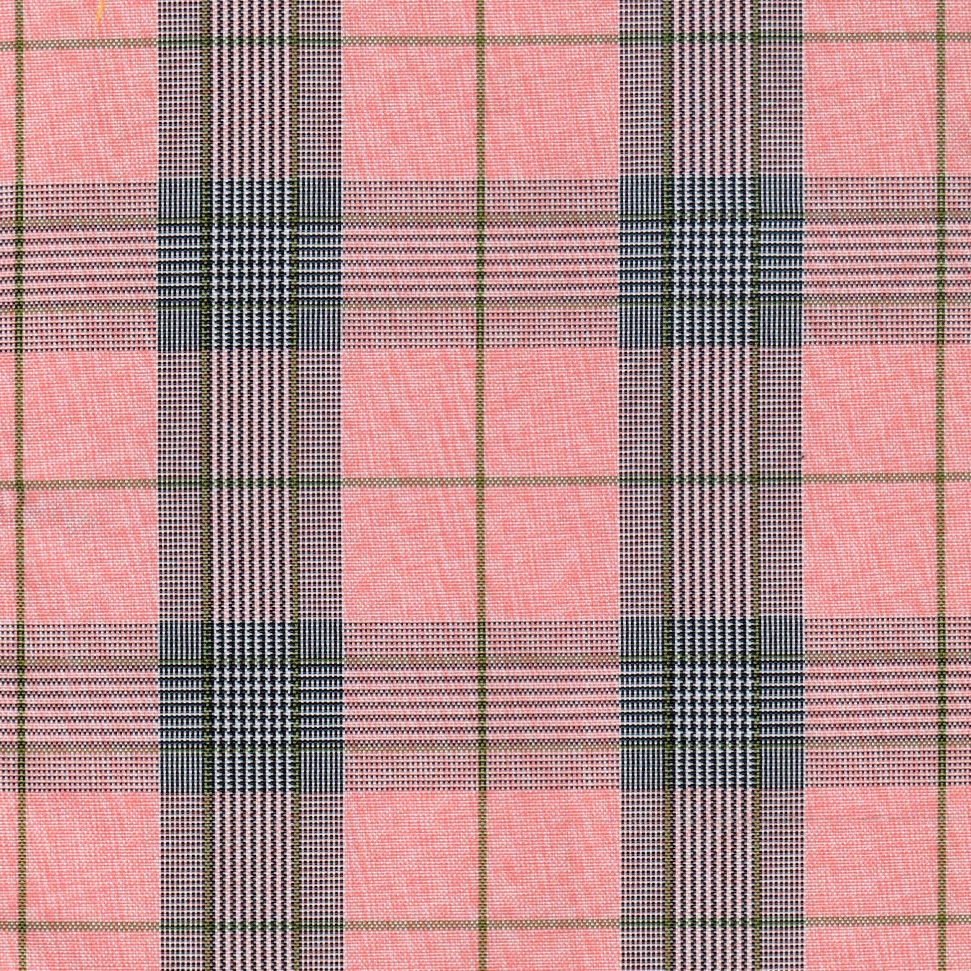 Tela de poliéster 13008023 de SchoolLine, plaid rosa con rayas negras/blancas y líneas verdes; ideal para uniformes escolares.