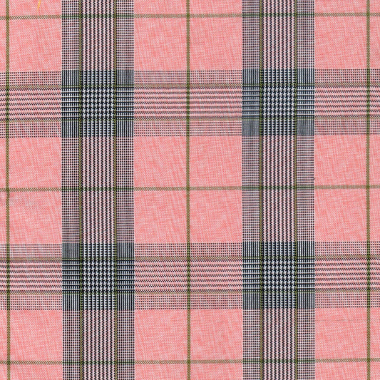 Tela de poliéster 13008023 de SchoolLine, plaid rosa con rayas negras/blancas y líneas verdes; ideal para uniformes escolares.