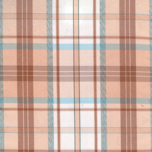 Tela moline de poliéster SchoolLine color melocotón con cuadro azul-beige, ideal para uniformes escolares.