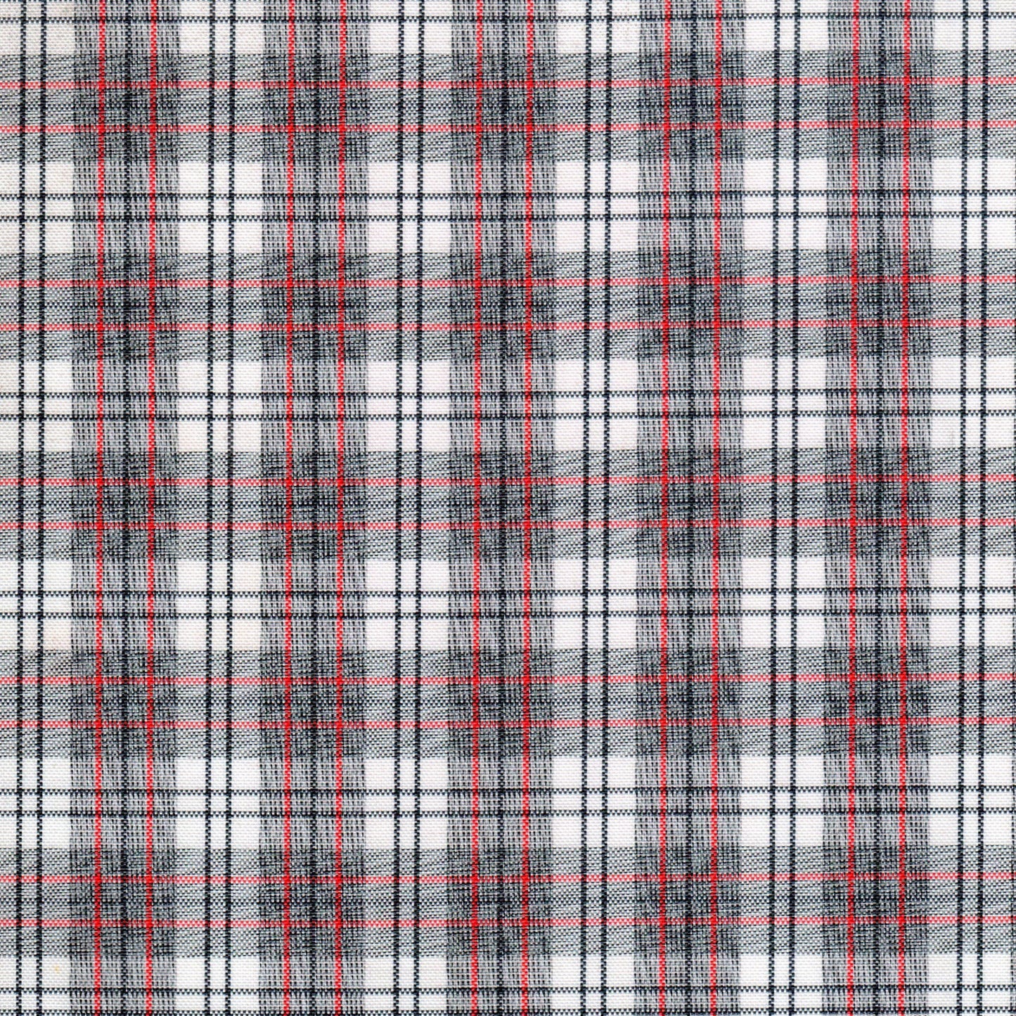 Tela de poliéster moline SchoolLine en tartán blanco con cuadros negros y líneas rojas, ideal para uniformes escolares.