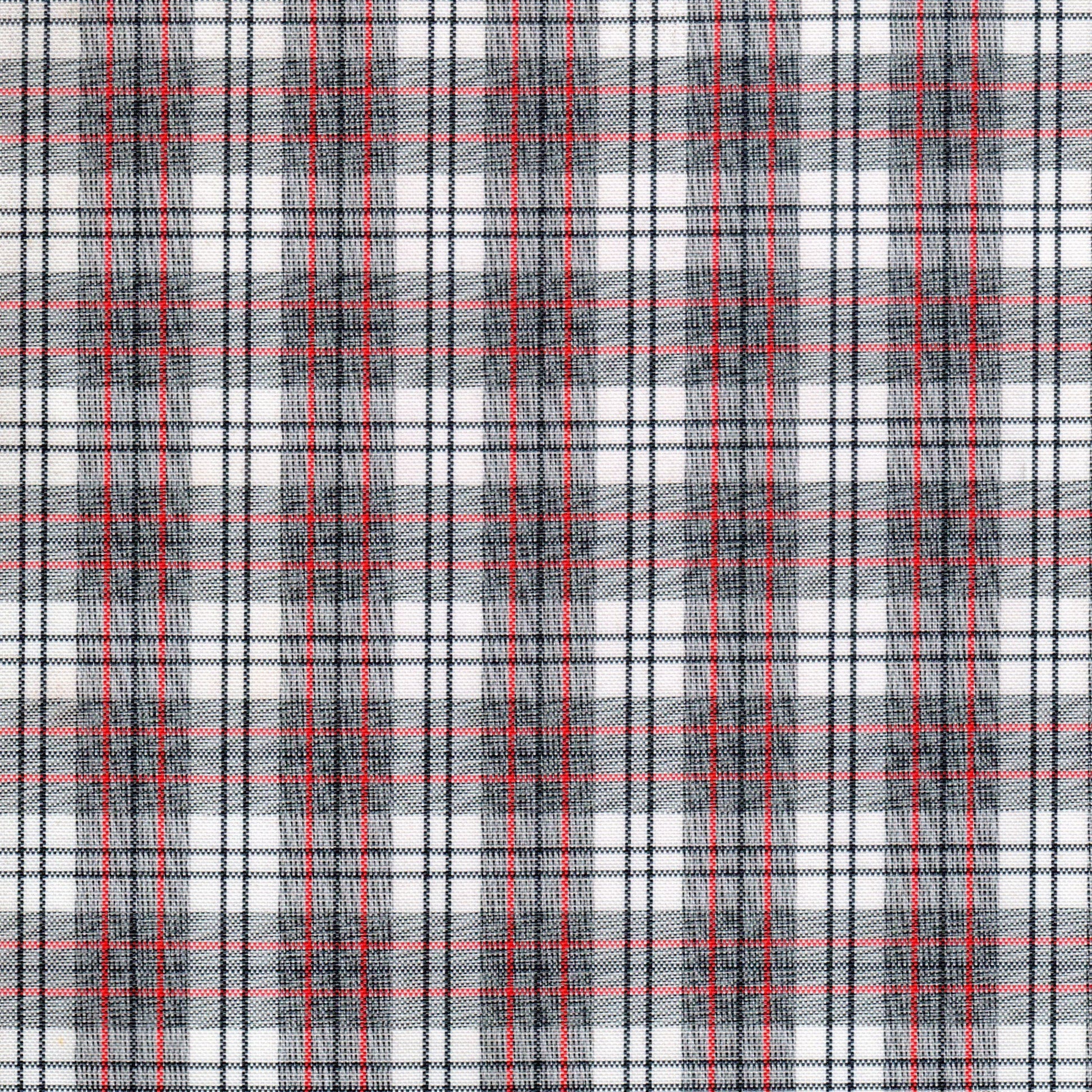 Tela de poliéster moline SchoolLine en tartán blanco con cuadros negros y líneas rojas, ideal para uniformes escolares.