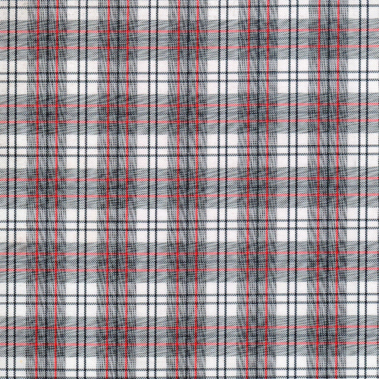 Tela de poliéster moline SchoolLine en tartán blanco con cuadros negros y líneas rojas, ideal para uniformes escolares.