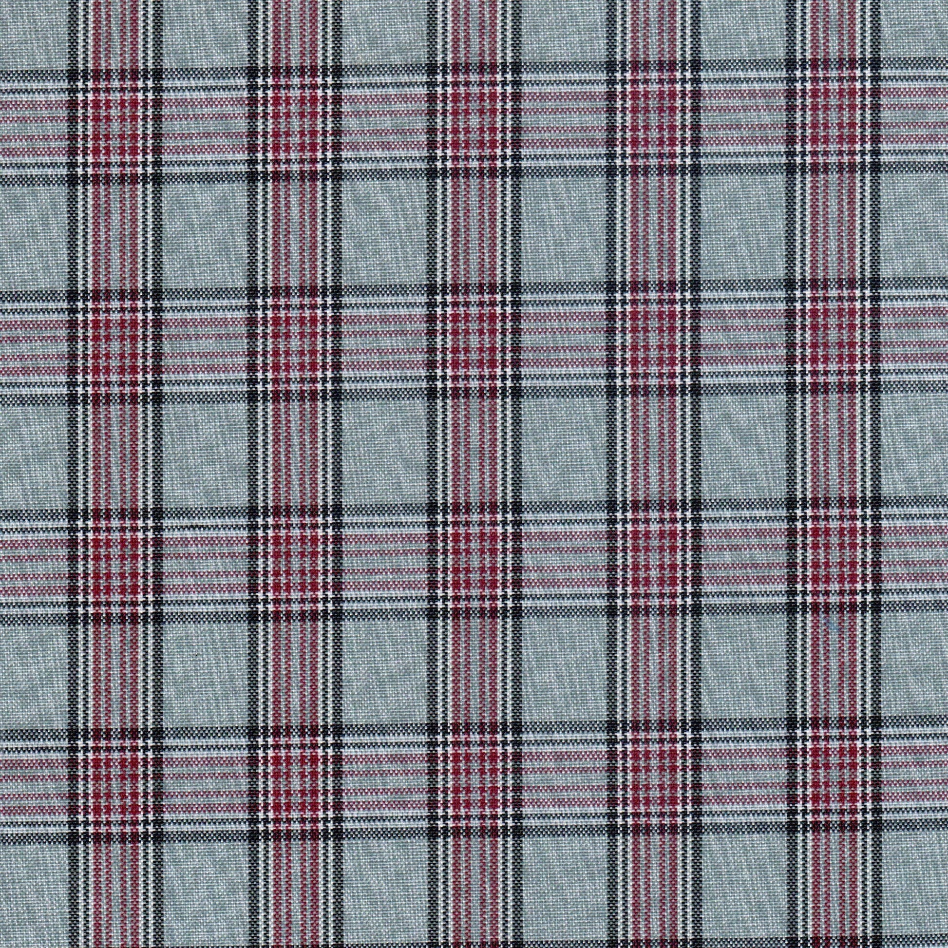 Tela moline de poliéster SchoolLine; plaid gris-azul con rayas rojas, ideal para uniformes escolares e institucionales.