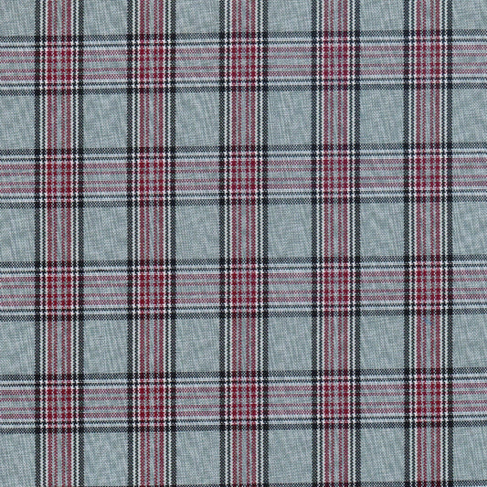 Tela moline de poliéster SchoolLine; plaid gris-azul con rayas rojas, ideal para uniformes escolares e institucionales.