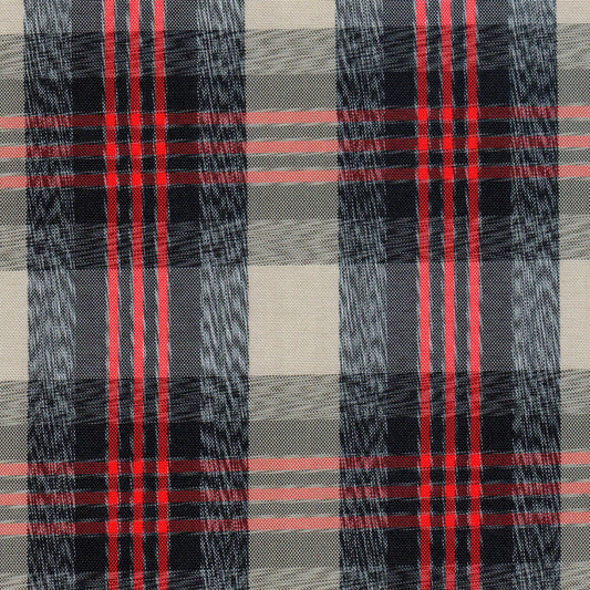 Tela moline de poliéster SchoolLine, plaid beige con rayas negras y rojas, ideal para uniformes escolares