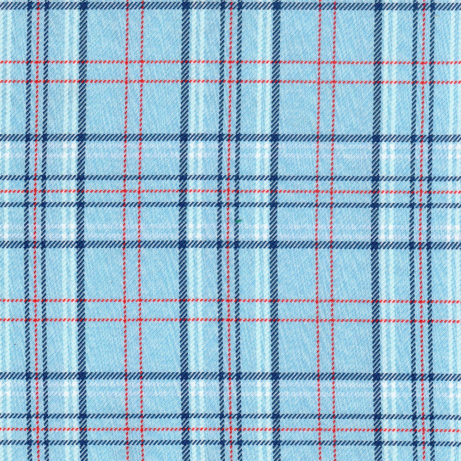 Tela de poliéster diagonal azul claro con cuadros rojos y navy; ideal para uniformes escolares e institucionales, SchoolLine.