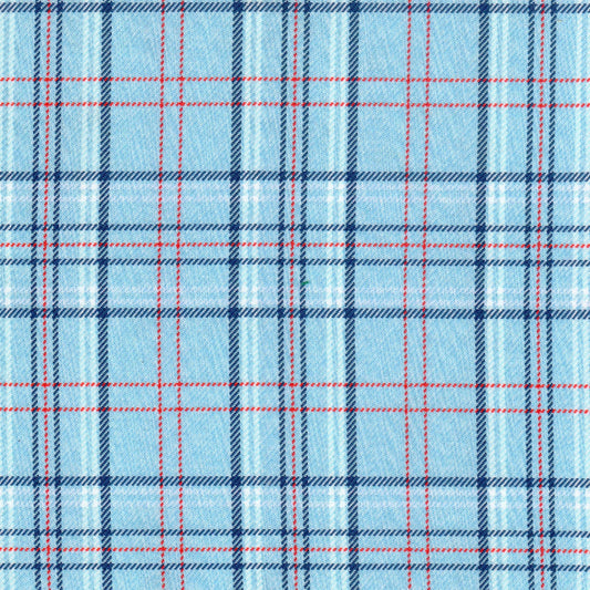 Tela de poliéster diagonal azul claro con cuadros rojos y navy; ideal para uniformes escolares e institucionales, SchoolLine.