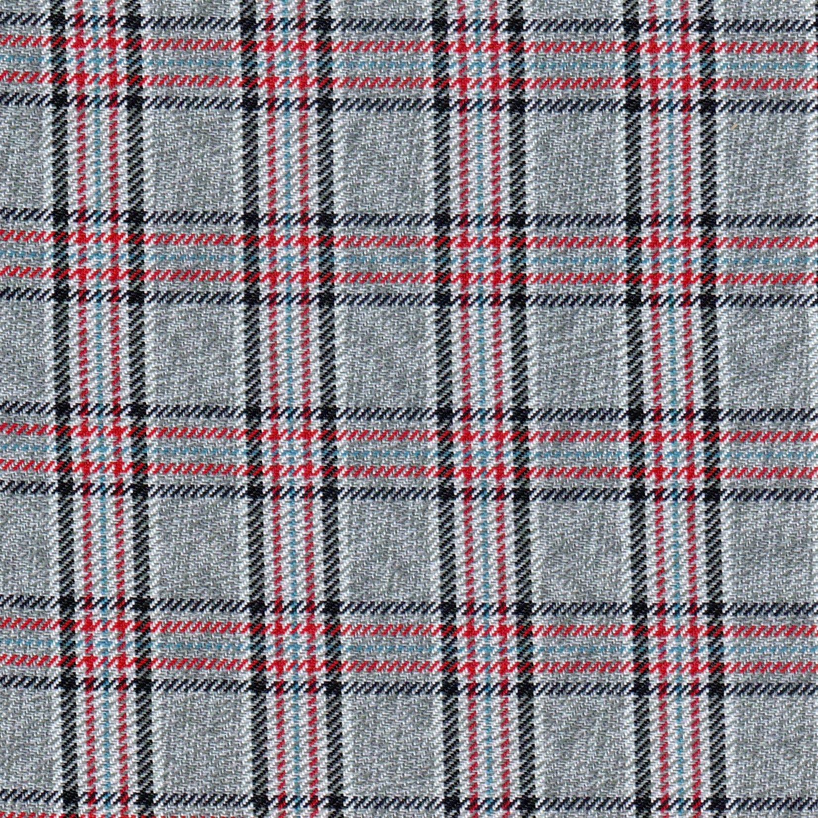 Tela moline diagonal de poliéster gris con cuadros rojos y turquesa; ideal para uniformes escolares, SchoolLine.