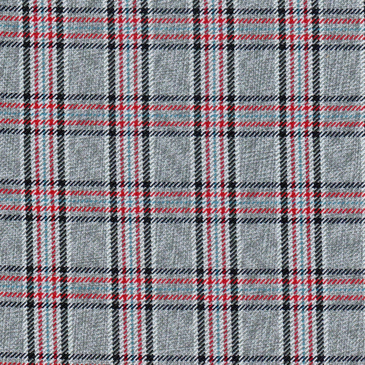 Tela moline diagonal de poliéster gris con cuadros rojos y turquesa; ideal para uniformes escolares, SchoolLine.
